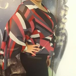 NY & Company geometric print bell sleeve sheer top